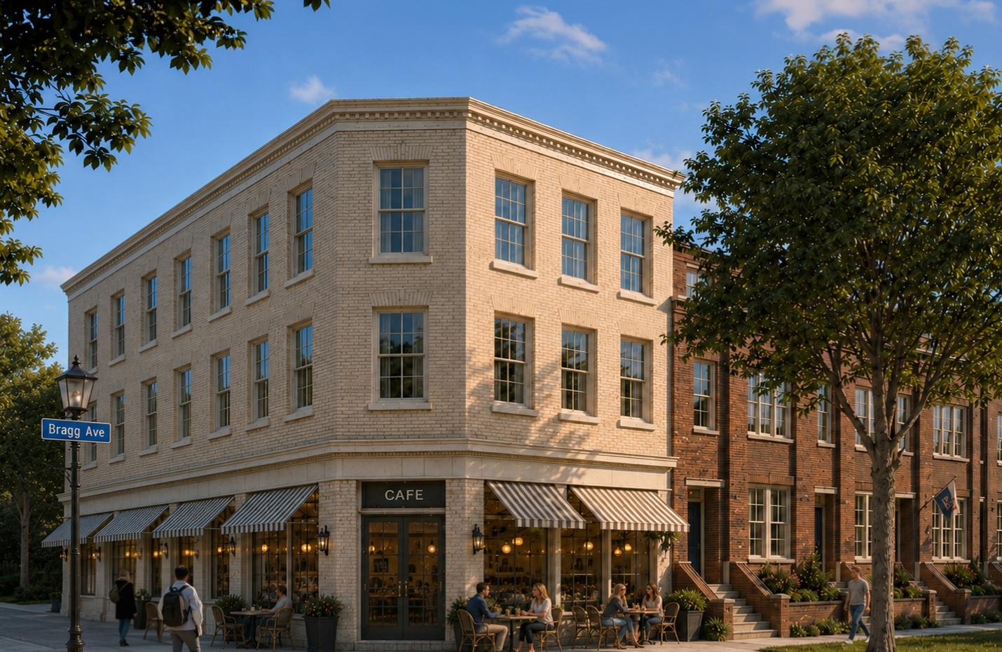 Bragg Avenue Brownstones corner building with street-level cafe